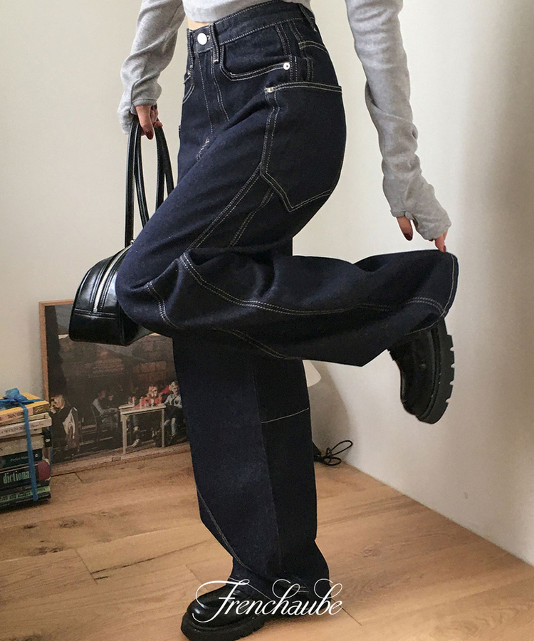 【丈別】スリットワイドデニムパンツ DEEP BLUE