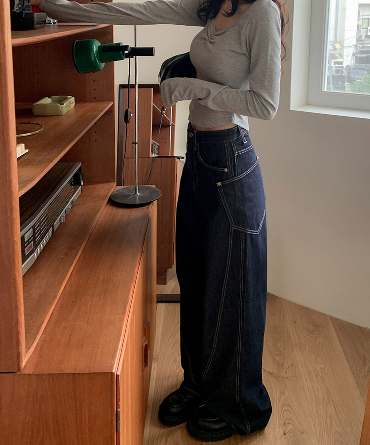 【丈別】スリットワイドデニムパンツ DEEP BLUE