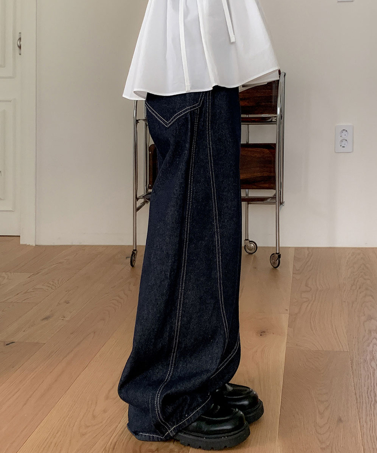 【丈別】スリットワイドデニムパンツ DEEP BLUE