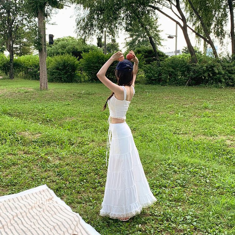 英国製レースカバー　レア　大判　ビンテージ SET着用可能】レースビスチェ ロングスカート｜ノースリーブ｜韓国