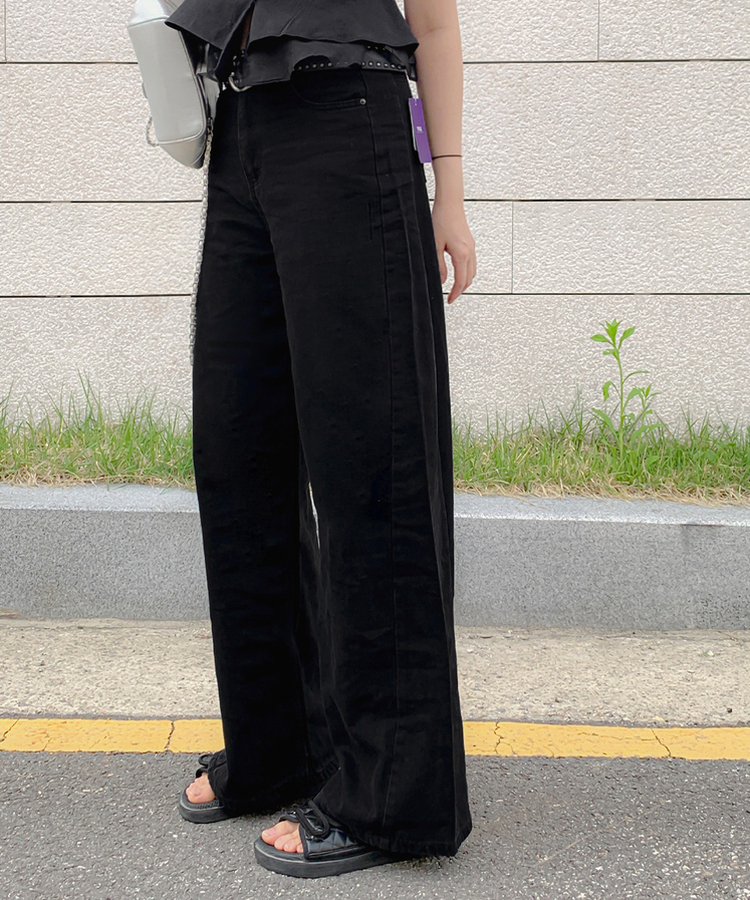【丈別】クーリングワイドストレートジーンズ BLACK DENIM
