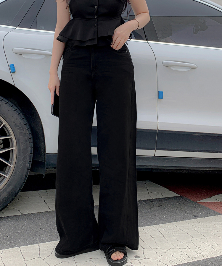 【丈別】クーリングワイドストレートジーンズ BLACK DENIM