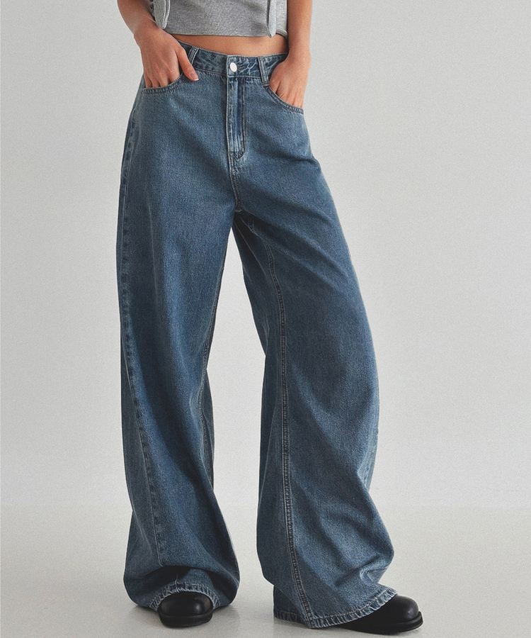 【丈別】クーリングワイドストレートジーンズ MID DENIM