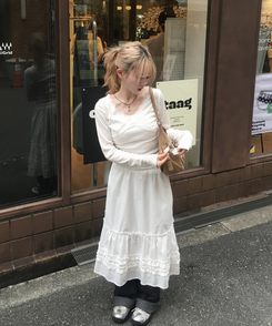 ドットレースV ネック長袖Tシャツ WHITE