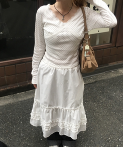 ドットレースV ネック長袖Tシャツ WHITE