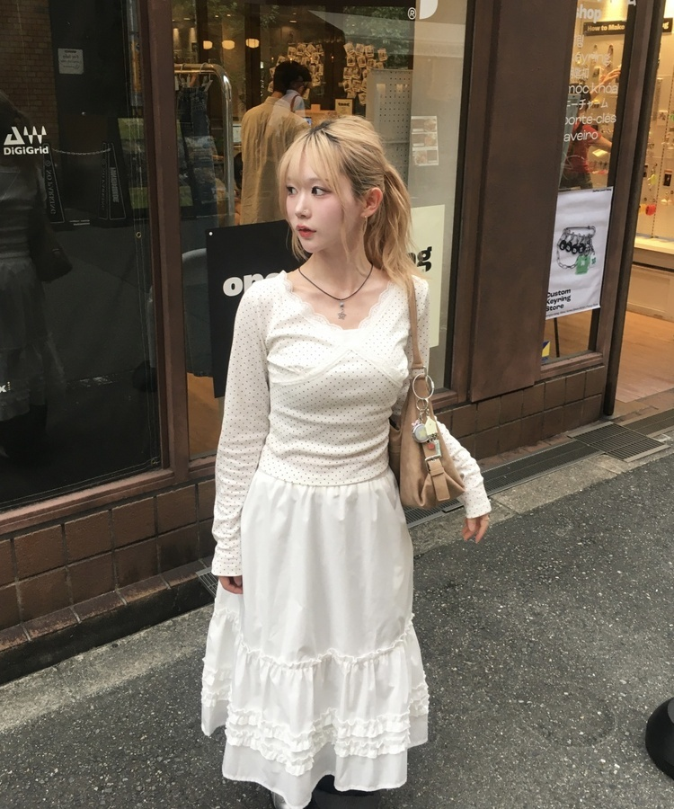 ドットレースV ネック長袖Tシャツ WHITE