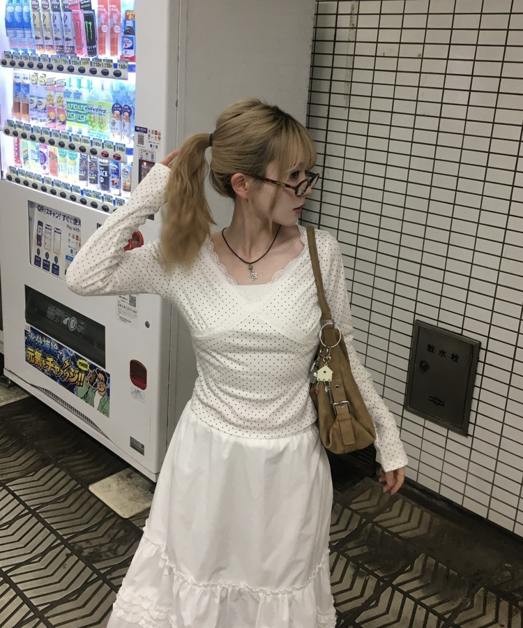 ドットレースV ネック長袖Tシャツ WHITE