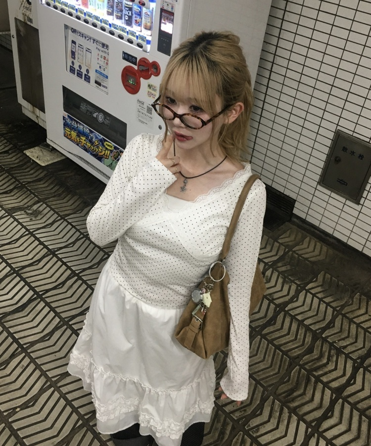 ドットレースV ネック長袖Tシャツ WHITE