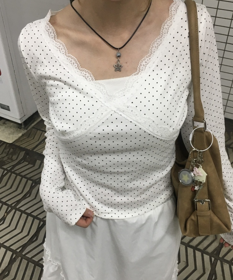 ドットレースV ネック長袖Tシャツ WHITE