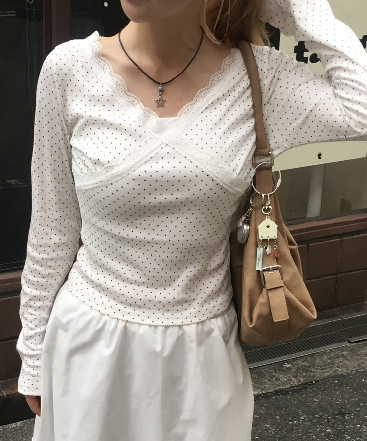 ドットレースV ネック長袖Tシャツ WHITE
