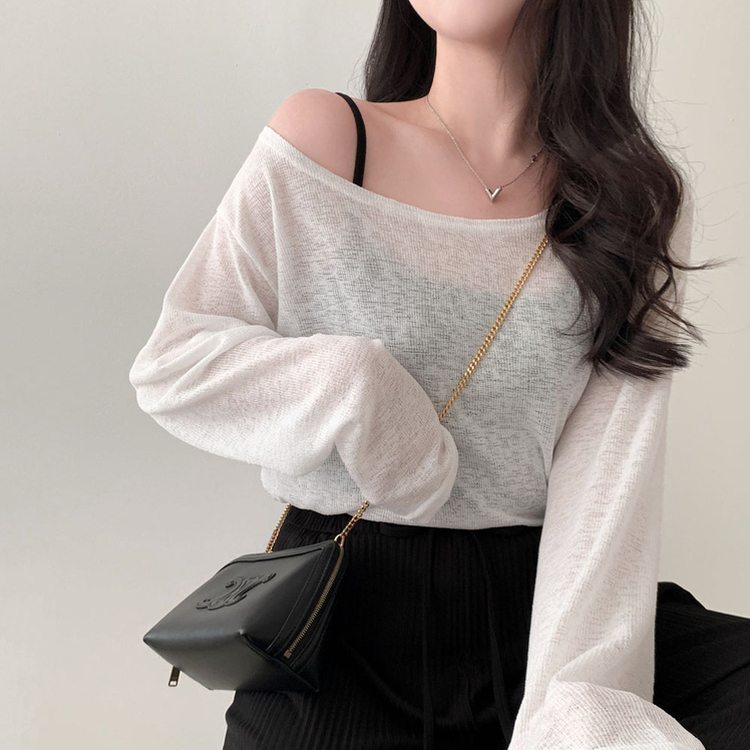 애쉬 시스루 오프숄더 원숄더 루즈핏 긴팔 티셔츠 아이보리