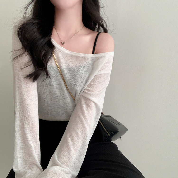 애쉬 시스루 오프숄더 원숄더 루즈핏 긴팔 티셔츠 아이보리