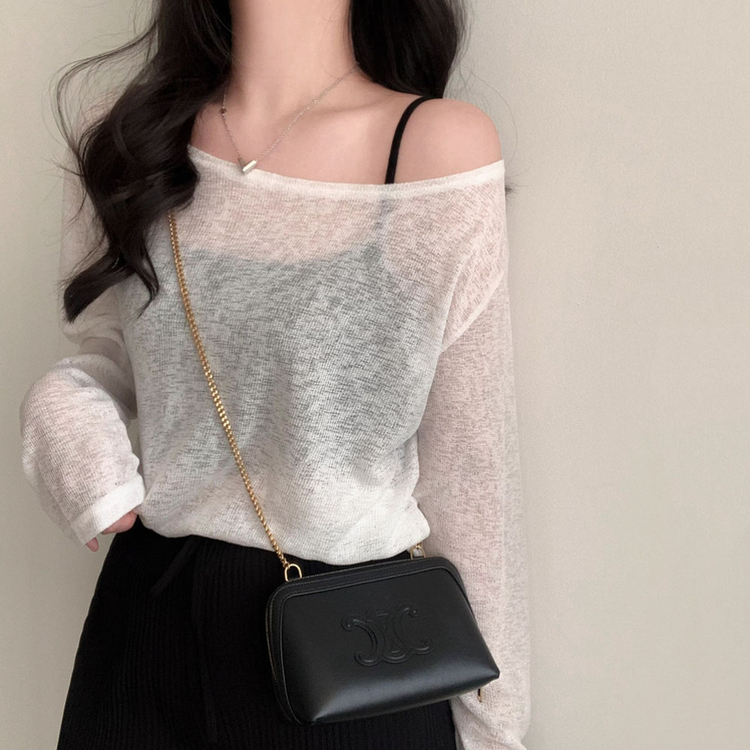 애쉬 시스루 오프숄더 원숄더 루즈핏 긴팔 티셔츠 아이보리