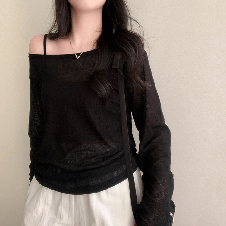 애쉬 시스루 오프숄더 원숄더 루즈핏 긴팔 티셔츠 블랙