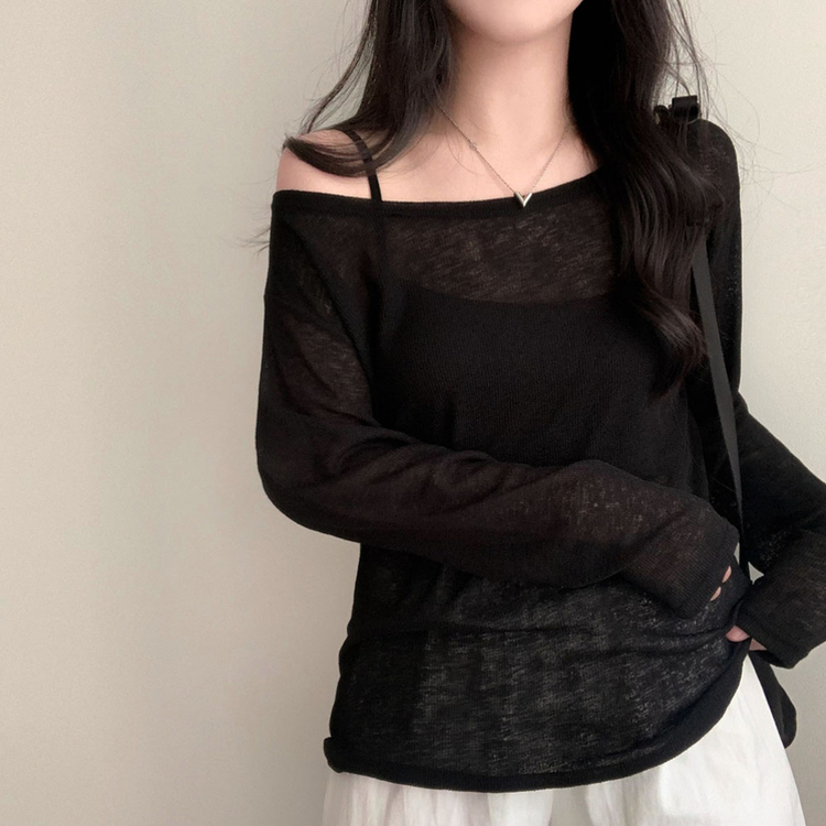 애쉬 시스루 오프숄더 원숄더 루즈핏 긴팔 티셔츠 블랙
