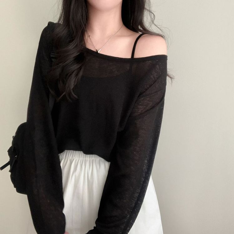 애쉬 시스루 오프숄더 원숄더 루즈핏 긴팔 티셔츠 블랙