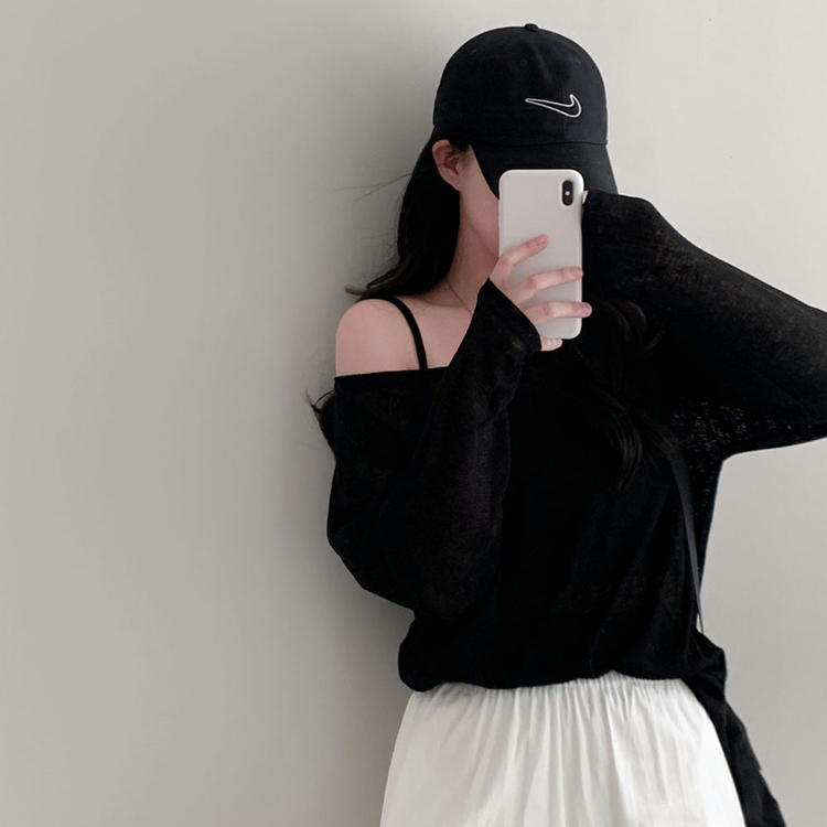 애쉬 시스루 오프숄더 원숄더 루즈핏 긴팔 티셔츠 블랙