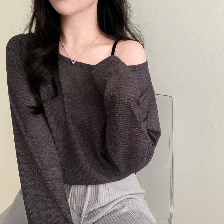 애쉬 시스루 오프숄더 원숄더 루즈핏 긴팔 티셔츠 차콜