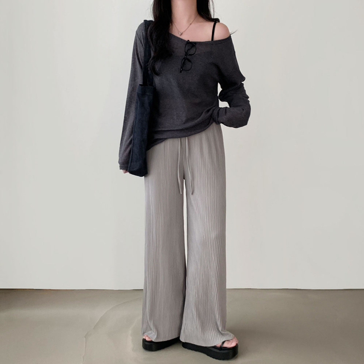 애쉬 시스루 오프숄더 원숄더 루즈핏 긴팔 티셔츠 차콜