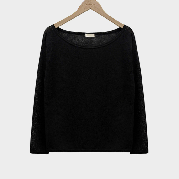 애쉬 시스루 오프숄더 원숄더 루즈핏 긴팔 티셔츠