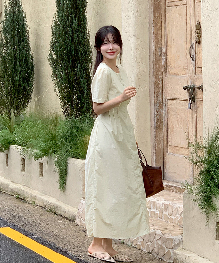 ピンタック半袖ロングワンピース｜ロングワンピース｜韓国ファッション