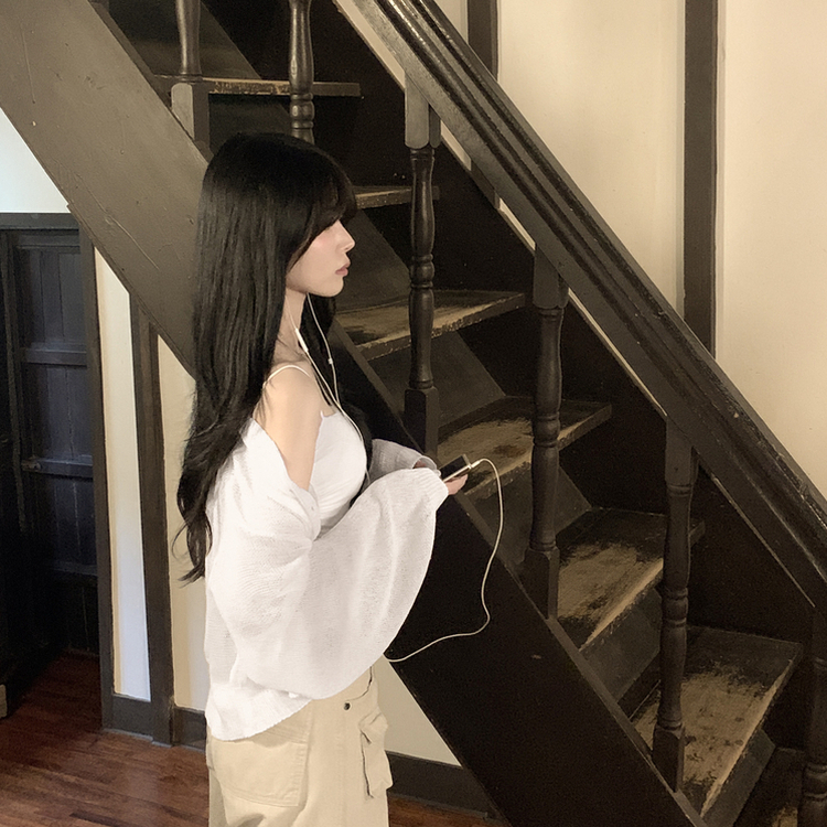 안입은듯 시원 아방핏 시스루 벌룬 크롭 박시 니트가디건 여름 간절기 가디건 빅사이즈 아이보리