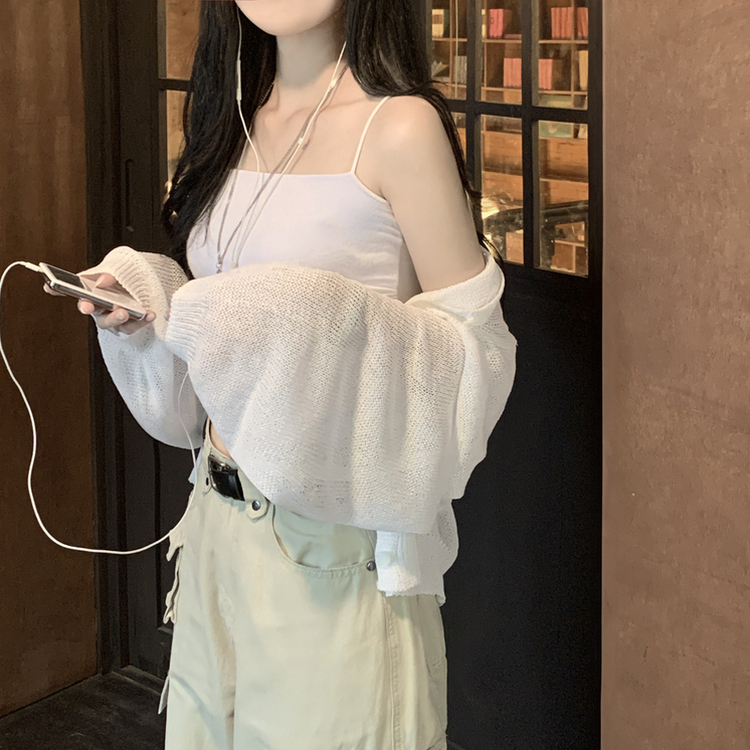 안입은듯 시원 아방핏 시스루 벌룬 크롭 박시 니트가디건 여름 간절기 가디건 빅사이즈 아이보리