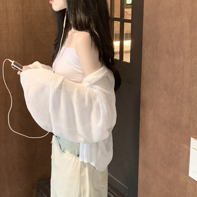 안입은듯 시원 아방핏 시스루 벌룬 크롭 박시 니트가디건 여름 간절기 가디건 빅사이즈 아이보리