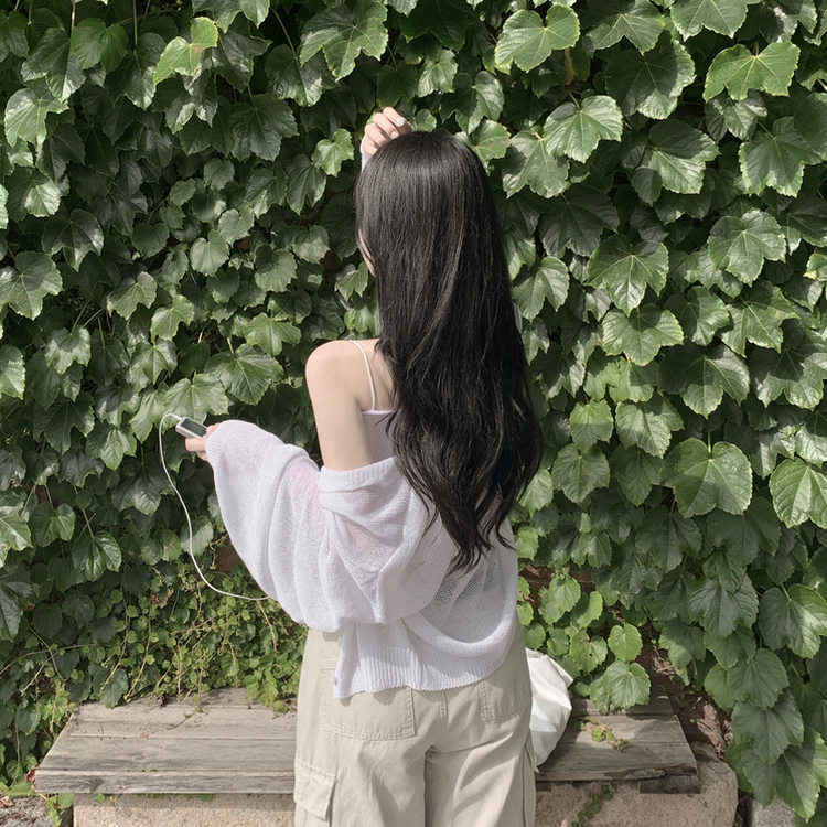 안입은듯 시원 아방핏 시스루 벌룬 크롭 박시 니트가디건 여름 간절기 가디건 빅사이즈 아이보리