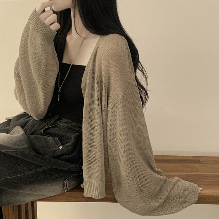 안입은듯 시원 아방핏 시스루 벌룬 크롭 박시 니트가디건 여름 간절기 가디건 빅사이즈 카키