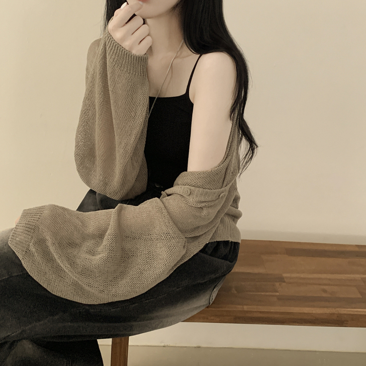 안입은듯 시원 아방핏 시스루 벌룬 크롭 박시 니트가디건 여름 간절기 가디건 빅사이즈 카키