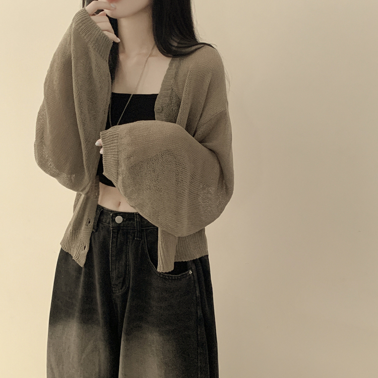 안입은듯 시원 아방핏 시스루 벌룬 크롭 박시 니트가디건 여름 간절기 가디건 빅사이즈 카키