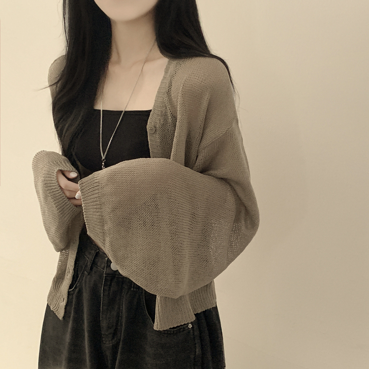 안입은듯 시원 아방핏 시스루 벌룬 크롭 박시 니트가디건 여름 간절기 가디건 빅사이즈 카키