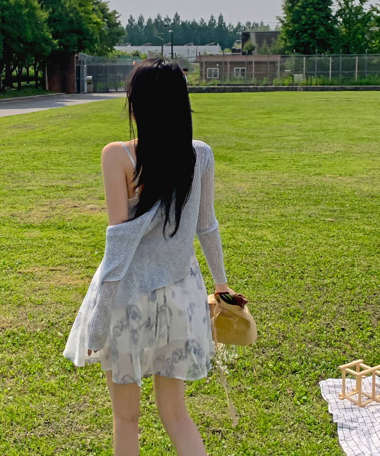 [バカンスルック/実物大] アクア シャーリング ドレープ キャミソール スリーブレス ノースリーブ 水彩画 パステル ソラ スカイブルー フレア ミニ ワンピース カーディガン セット ONE SIZE