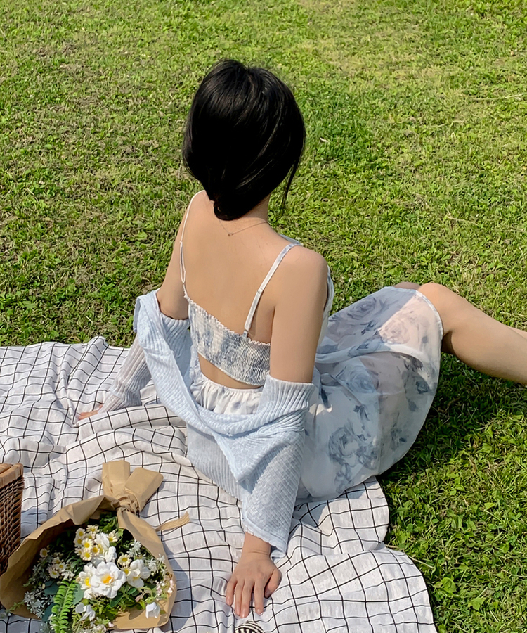 [バカンスルック/実物大] アクア シャーリング ドレープ キャミソール スリーブレス ノースリーブ 水彩画 パステル ソラ スカイブルー フレア ミニ ワンピース カーディガン セット ONE SIZE