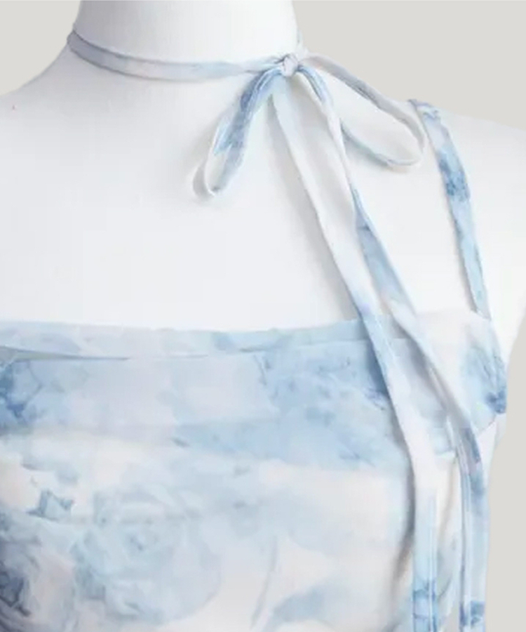 [バカンスルック/実物大] アクア シャーリング ドレープ キャミソール スリーブレス ノースリーブ 水彩画 パステル ソラ スカイブルー フレア ミニ ワンピース カーディガン セット