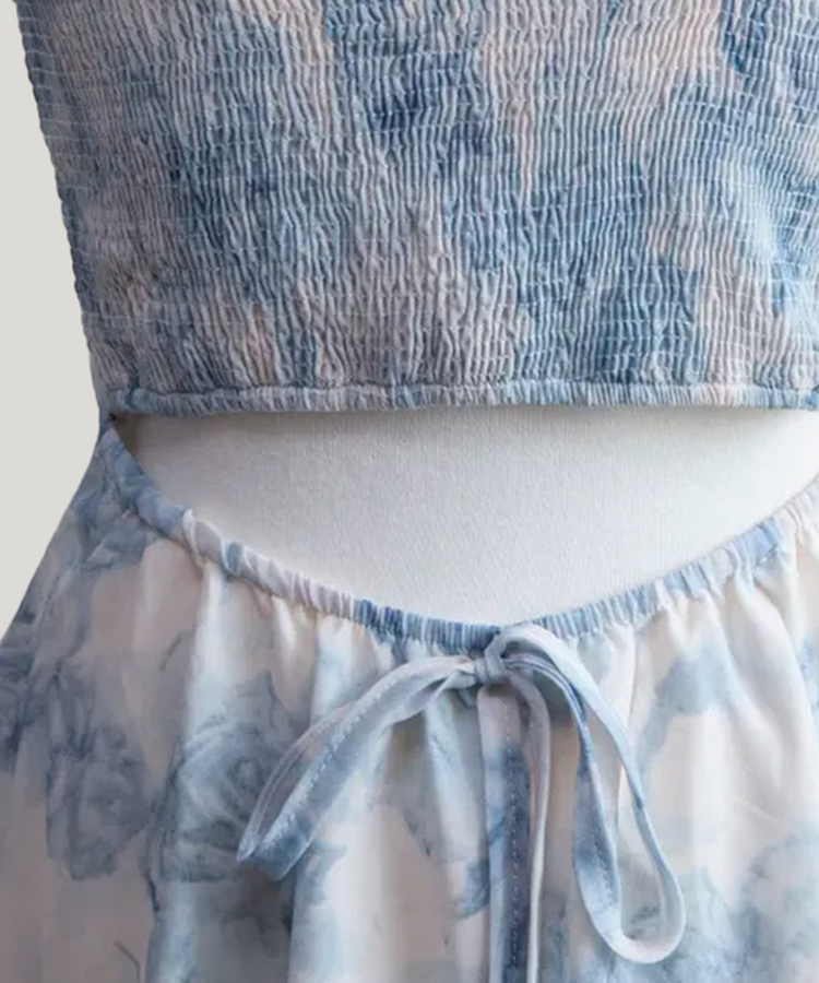 [バカンスルック/実物大] アクア シャーリング ドレープ キャミソール スリーブレス ノースリーブ 水彩画 パステル ソラ スカイブルー フレア ミニ ワンピース カーディガン セット