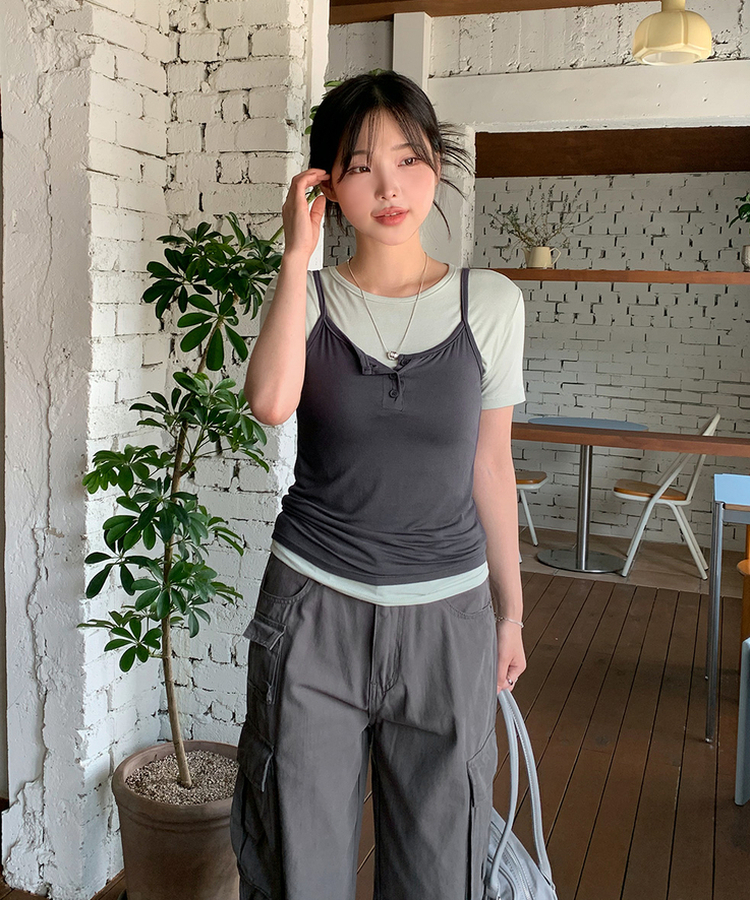 Tシャツ(半袖+袖なし) peate My cassette L/S T-shirt(gray) SET】ダブルレイヤード半袖Tシャツ｜長袖Tシャツ｜韓国ファッション