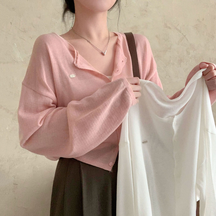 일주일 내내 입어질 교복템팬던트 라운드 아방핏 크롭 가디건 핑크