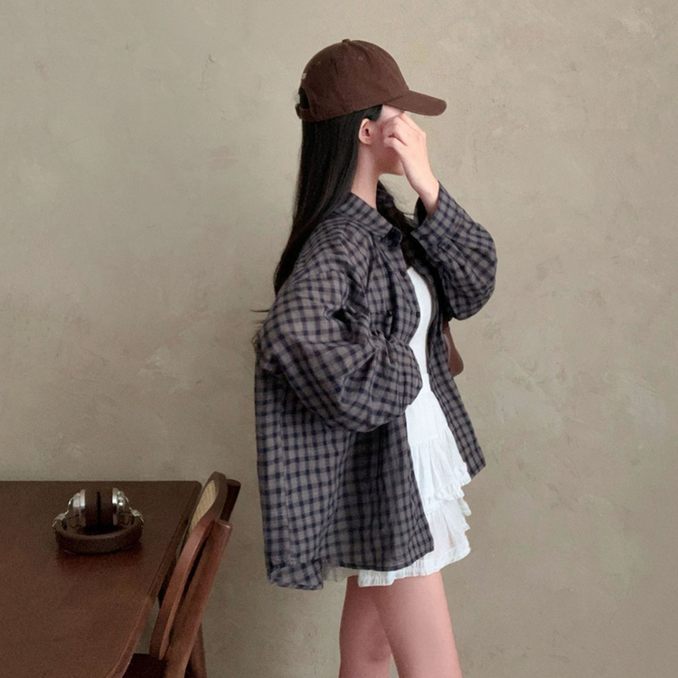 트렌디 앤 클래식 오버핏 썸머 체크 셔츠 남방 네이비