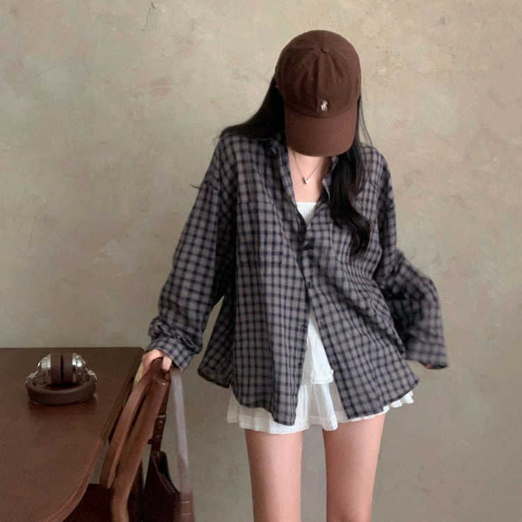 트렌디 앤 클래식 오버핏 썸머 체크 셔츠 남방 네이비