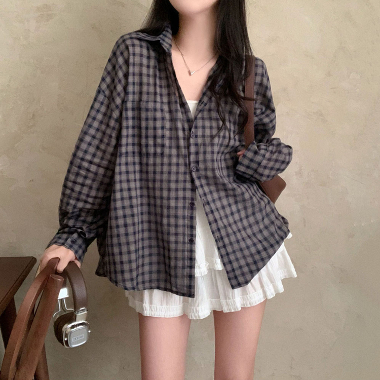 트렌디 앤 클래식 오버핏 썸머 체크 셔츠 남방 네이비