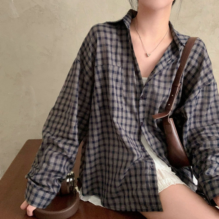 트렌디 앤 클래식 오버핏 썸머 체크 셔츠 남방 네이비