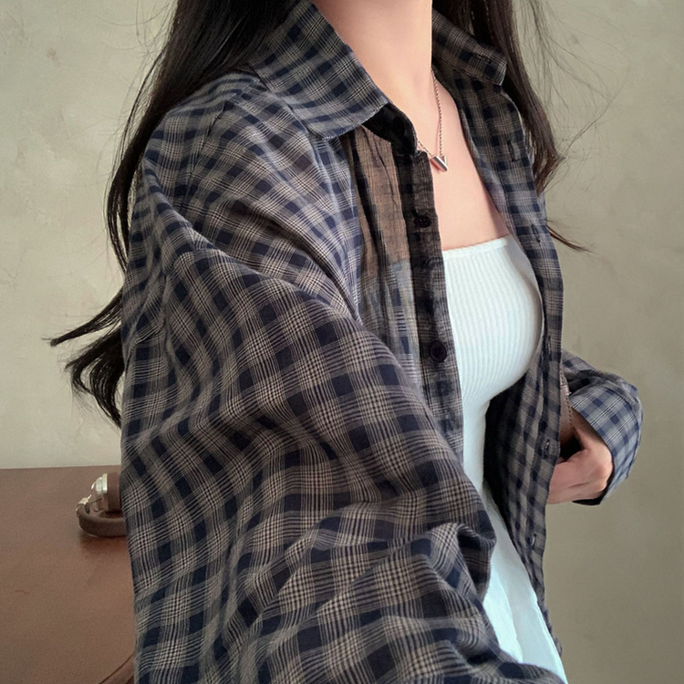 트렌디 앤 클래식 오버핏 썸머 체크 셔츠 남방 네이비