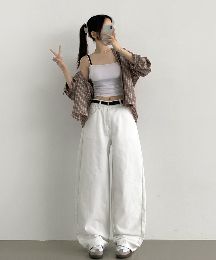 2XL커브 절개 라인 메가 벌룬핏 밴딩 면팬츠 화이트