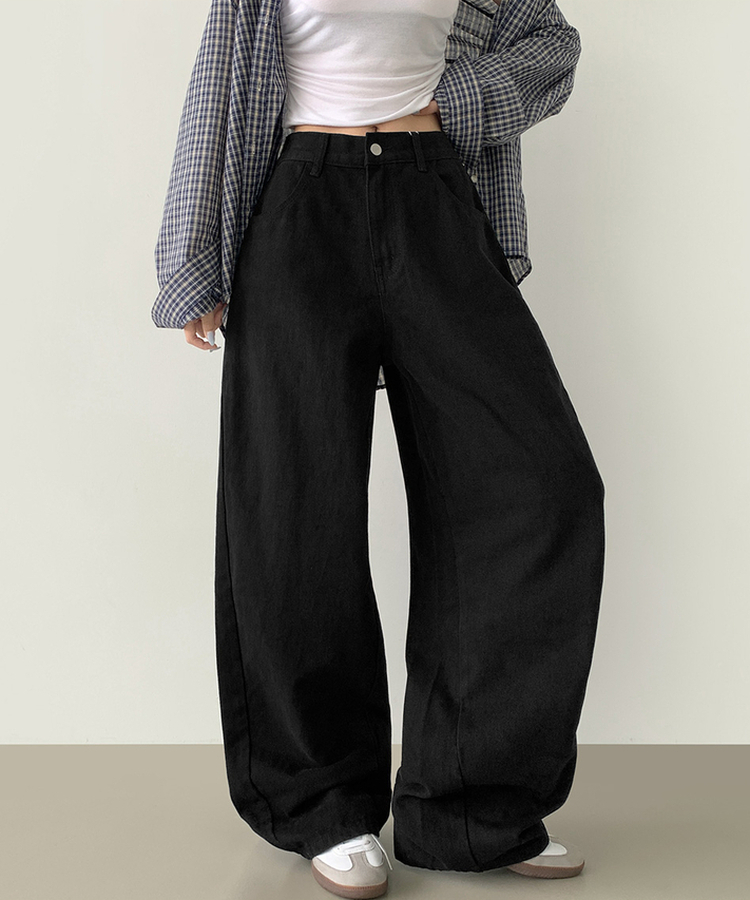 2XL커브 절개 라인 메가 벌룬핏 밴딩 면팬츠 블랙