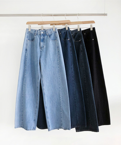 【丈別】スリットバンディングワイドデニムパンツ