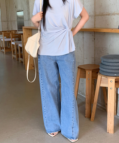 【丈別】スリットバンディングワイドデニムパンツ LIGHT BLUE