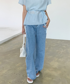 【丈別】スリットバンディングワイドデニムパンツ LIGHT BLUE