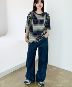 【丈別】スリットバンディングワイドデニムパンツ DEEP BLUE